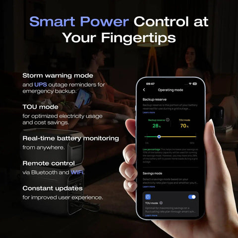 Smartphone app controlling Delta 3 Plus Portable Power Station 1024Wh LiFePO4 Battery 1800W AC Output 140W USB C Output.