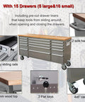 72 Inch Stainless Steel Rolling Tool Chest With 15 Drawers And 3 Upper Cabinets, Mobile Workbench On Wheels, Lockable Storage Cabinet With Pegboard And Solid Wood Top For Pro Grade Tool Organization, side handles and casters