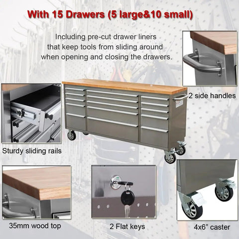 72 Inch Stainless Steel Rolling Tool Chest With 15 Drawers And 3 Upper Cabinets, Mobile Workbench On Wheels, Lockable Storage Cabinet With Pegboard And Solid Wood Top For Pro Grade Tool Organization, side handles and casters