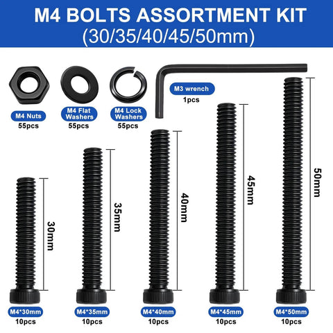 All In One M4 Screw Kit 220Pcs Set With M4 X 30/35/40/45/50mm Hex Socket Head Cap Screws Bolts Nuts Washers Black Oxide
