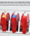 Beefy Steel Wire Spool Rack and Cable Organizer with 5 Rod Dispenser, red spools with wires in industrial setup.