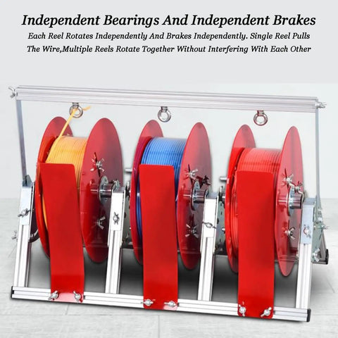 Beefy Steel Wire Spool Rack and Cable Organizer with 5 Rod Dispenser, red spools with wires in industrial setup.