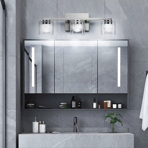 Three Light Dimmable Modern Vanity Light Fixture In Brushed Nickel With Globe Crystal Glass Over Mirror LED Bath Lighting