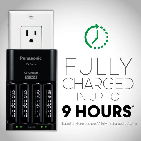 Slick Dope High Capacity NiMH Rechargeable Battery Pack With Fast Lane Smart Station showing charger and four Eneloop Pro batteries.