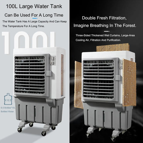 Portable Swamp Cooler With 100 Liter Water Tank And Three Wind Speeds To Beat The Scorching Heat, showing cooling unit with large water reservoir.