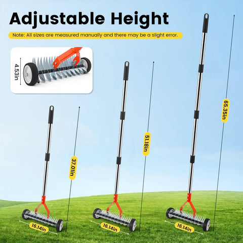 Wheeled Thatch Rake For Moss And Leaves, Adjustable Dethatching Roller With 0 To 12 Degree Angle, 37 To 65 Inch Handle displayed