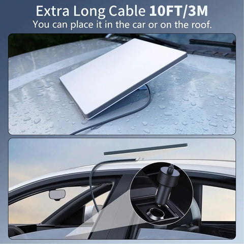 Ready To Roll Smooth Plug And Play 3 Meter Vehicle Power Cable Built For Mini Satellite Internet Units in use on car roof.