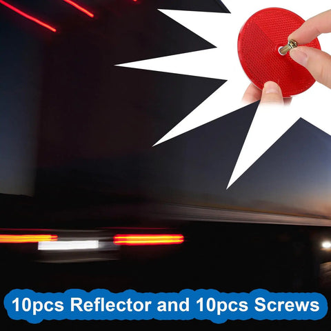 Hand holding red round reflector with stainless screw shown on dark background, labeled '10pcs Reflector and 10pcs Screws'. 12 Pack Red Round Safety Reflectors 3 Inch With Stainless Steel Screws For Mailboxes Driveways Tunnels Posts Cars Trailers High Visibility All Weather Heavy Duty Weatherproof Durable Plastic Reflector Set