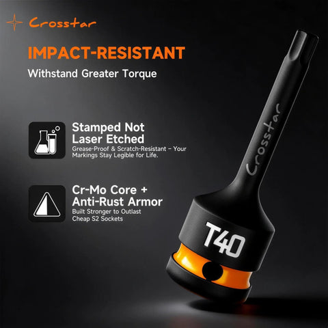 Rock Solid Heavy Duty T Forty Impact Torx Socket Set Long Star Bits Half Inch Drive With Epoxy Fill Markings shown with Cr-Mo core and anti-rust armor.