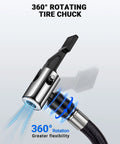Front view: LUMITECO tire inflator hose adapter with 360° rotating tire chuck; chrome body and braided hose