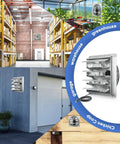 18 Inch Shutter Exhaust Fan High Speed Wall Mounted Vent Fan 2450 CFM with 1.65m Power Cord, shown in various locations