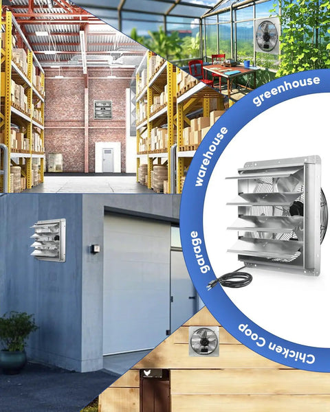 18 Inch Shutter Exhaust Fan High Speed Wall Mounted Vent Fan 2450 CFM with 1.65m Power Cord, shown in various locations