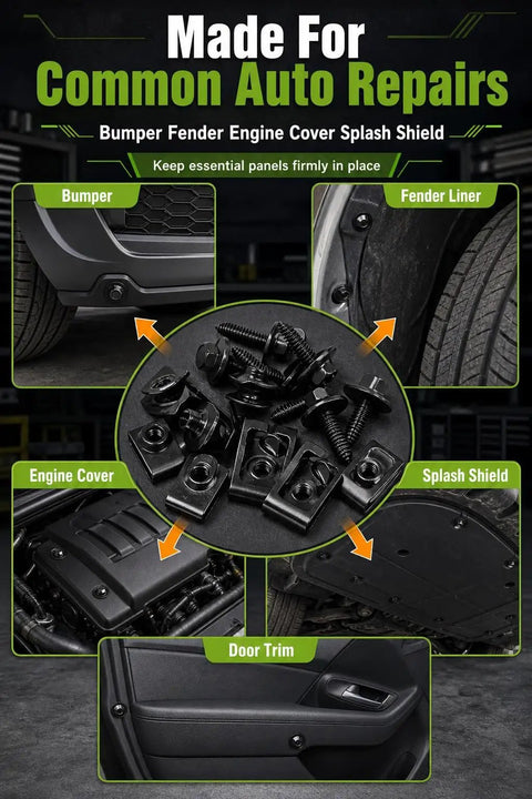 One Quarter Inch Body Bolts U Nut Clips Kit With Hex Head Fender Screws For Automotive Repair, DIY Friendly Black Phosphate Fasteners Set To Replace Missing Or Rusted Factory Fasteners On Everyday Projects on bumper, fender liner, engine cover and door trim