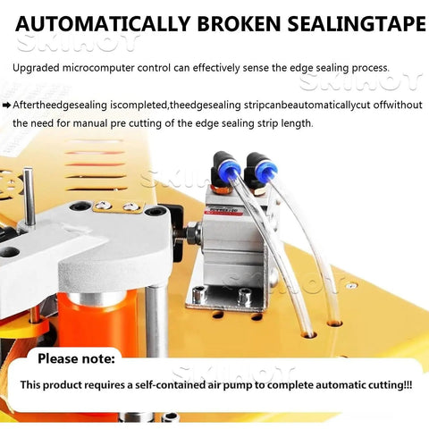 Portable Pro Grade Edge Banding Machine automatic tape breaking feature demo, showcasing microcomputer-controlled tape cutting component.