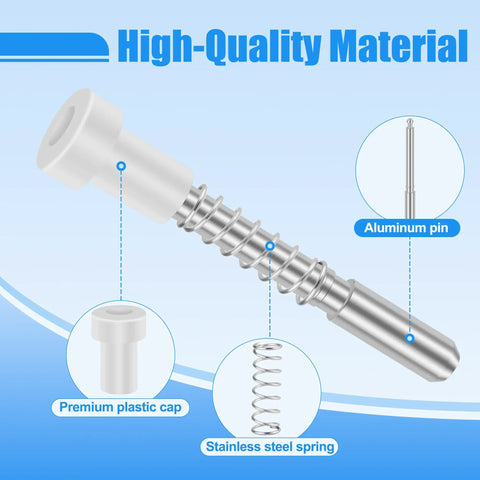 Top Shelf 12 Piece Window Screen Plunger Latches Kit Featuring Solid Aluminum Pins And Stainless Steel Springs For Straight Up Quick Snap Install and Knockout RV Repairs, aluminum pin and spring with plastic cap.