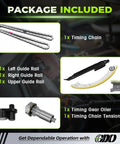 Package components for 2.4 Ecotec Timing Chain Kit With Tensioner For 2010 2017 GM 2.4L Engines displayed with labels