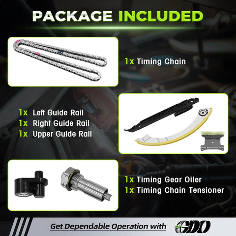 Package components for 2.4 Ecotec Timing Chain Kit With Tensioner For 2010 2017 GM 2.4L Engines displayed with labels
