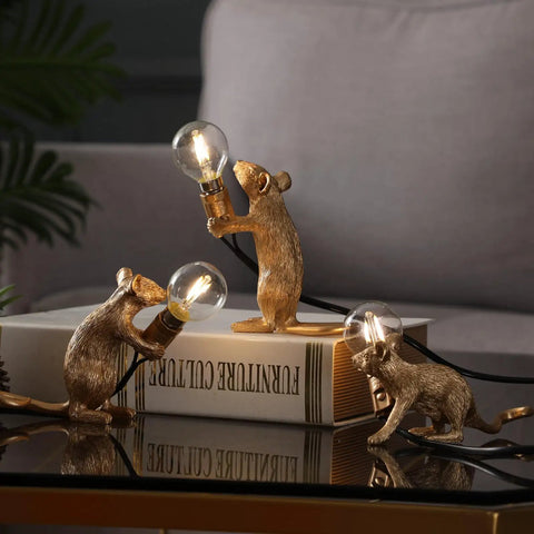Three Style Resin Mouse Desk Lamp With LED Glow Featuring Running Sitting And Standing Cute Mouse Figures In Gold Finish