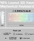 Rock Solid Aluminum Wireless Mechanical Gaming Keyboard With Dedicated Numberpad Featuring Tri Mode Bluetooth And Usb Wired Connection For Zero Lag Action And Butter Smooth Typing On Windows Mac And Tablets, 98% layout, 101 keys, white design.