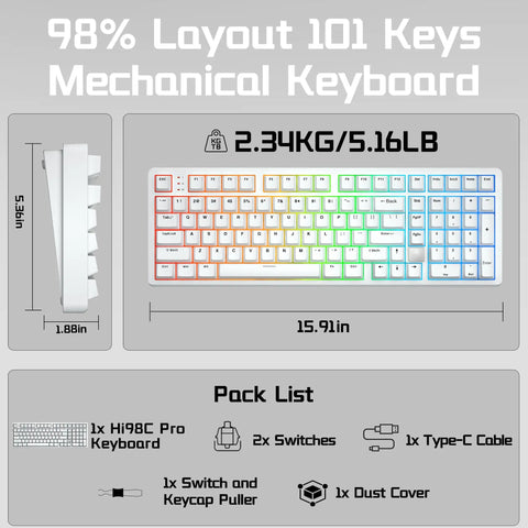 Rock Solid Aluminum Wireless Mechanical Gaming Keyboard With Dedicated Numberpad Featuring Tri Mode Bluetooth And Usb Wired Connection For Zero Lag Action And Butter Smooth Typing On Windows Mac And Tablets, 98% layout, 101 keys, white design.