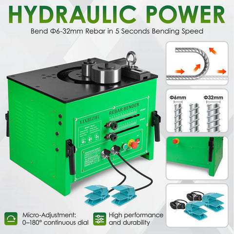 Built Tough Electric Rebar Bender With Hydraulic Foot Pedal flexes size two through number ten steel bars and churns out fast zero to one eighty degree angles for the daily grind, green electric bender with foot controls.