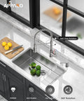 Top view of High Arc Kitchen Faucet With Pull Down Sprayer And Soap Dispenser, Stainless Steel Brushed Nickel Finish,  360 Degree Swivel faucet installed on a kitchen sink with a 20 Inch Hose.