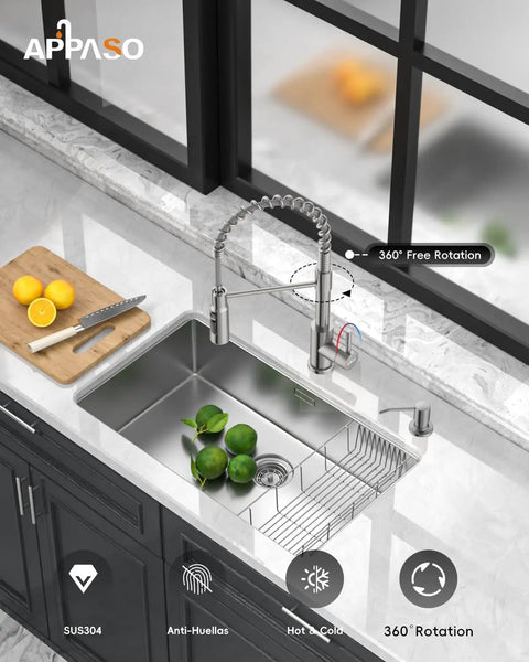 Top view of High Arc Kitchen Faucet With Pull Down Sprayer And Soap Dispenser, Stainless Steel Brushed Nickel Finish,  360 Degree Swivel faucet installed on a kitchen sink with a 20 Inch Hose.