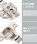 Detailed view of Four Pack Full Overlay Cabinet Door Hinges With Soft Close And Hydraulic Action, showcasing rounded corners and rivet fixing.