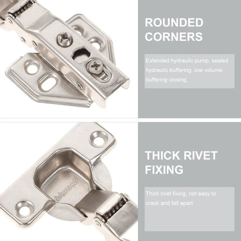 Detailed view of Four Pack Full Overlay Cabinet Door Hinges With Soft Close And Hydraulic Action, showcasing rounded corners and rivet fixing.