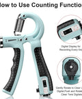 Two Pack Hand Grip Strength Trainer With Adjustable Resistance 10 To 130 Lbs, Forearm Exerciser showing digital counting display.