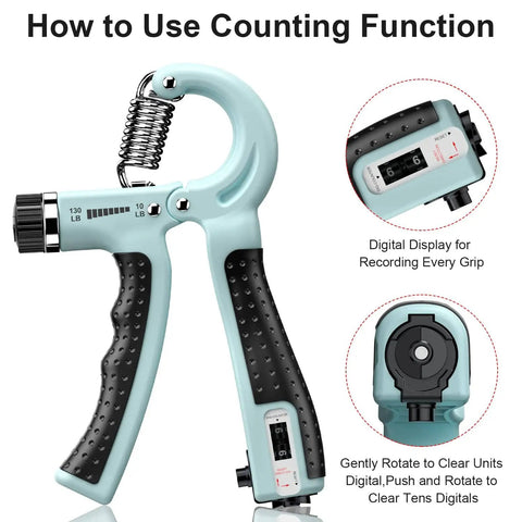 Two Pack Hand Grip Strength Trainer With Adjustable Resistance 10 To 130 Lbs, Forearm Exerciser showing digital counting display.