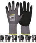 Front view: LOCCEF work gloves, gray seamless knit cuffs with yellow trim, microfoam nitrile palms; 6-pair set