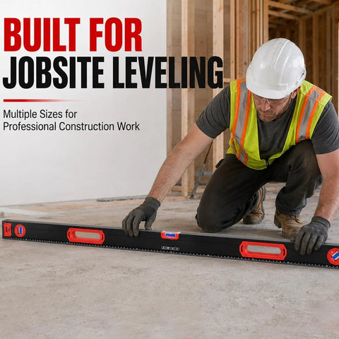 Man using 40 60 80 Inch Aluminum Spirit Level for jobsite leveling in construction setting.