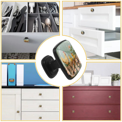 Four Pack Square Drawer Knobs With Spring Flower Chickens Fence Design In Black for cabinets, shown in kitchen and home settings.