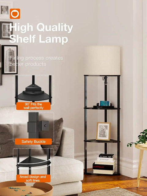 Space Saving 4 Tier Corner Shelf Floor Lamp With USB Type C Port 1 Power Outlet And 3CCT LED Bulbs in modern living room