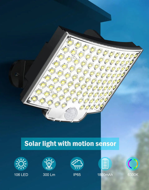 Outdoor Solar Wall Light With 106 LED Motion Sensor IP65 Waterproof 120 Degree Lighting Split Solar Panel Kit mounted