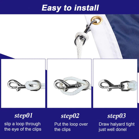 Steps to install Heavy Duty Metal Swivel Flag Snaps With Kickass Swivel Eyelets For Max 5/16 Inch Rope, Sweet Polished Look.