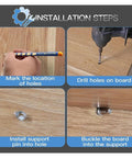 Installation steps for Rock Solid Nickel Plated 5mm Shelf Pins 300 Pack, drilling and installing pins on wooden board.