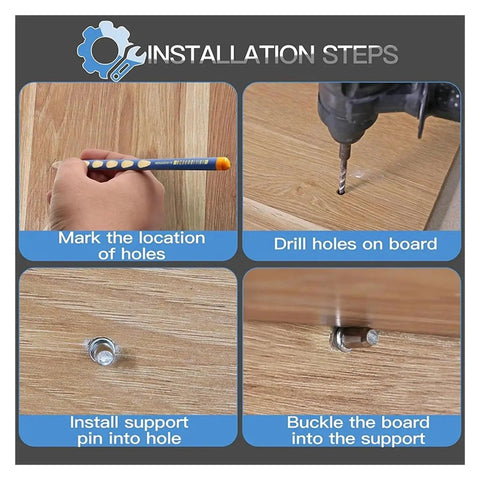 Installation steps for Rock Solid Nickel Plated 5mm Shelf Pins 300 Pack, drilling and installing pins on wooden board.