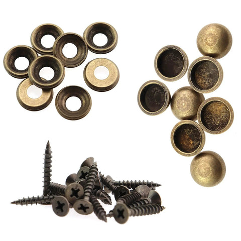 No Sweat Install 16 Piece Pure Copper Decorative Screw Set With 15 Millimeter Self Tapping Screws And Washers, showing screws and caps.