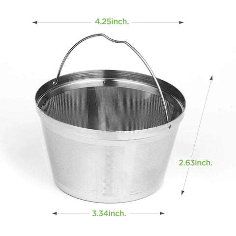 8-12 Cup Reusable Filter Basket For Basket Style Coffee Makers, Dishwasher Safe 18/8 Stainless Steel with dimensions