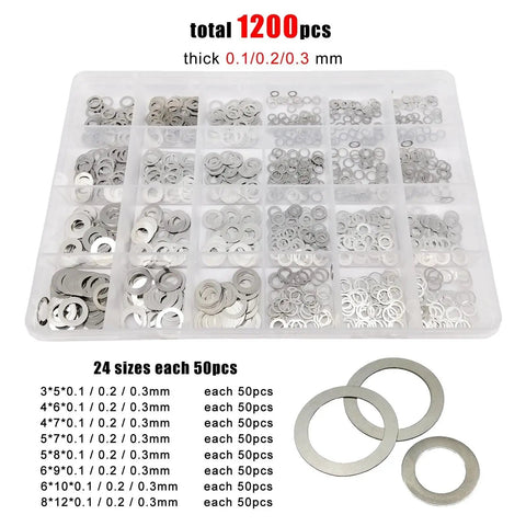 Must Have Ultra Thin Stainless Steel Washer Set For M3 M4 M5 M6 M8 All 304 A2 Grade Flat Shims Gaskets Assortment Kit 0.10 0.20 0.30 Millimeter 1200 Pieces, plastic case with assorted washers
