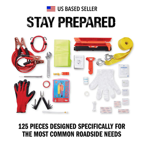 125 Piece Roadside Emergency Kit For Cars With Headlamp First Aid Tools And Visibility Gear All In One Grab And Go
