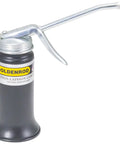 Goldenrod 600 pistol pump oiler with straight spout; black body and long silver curved spout, 6oz