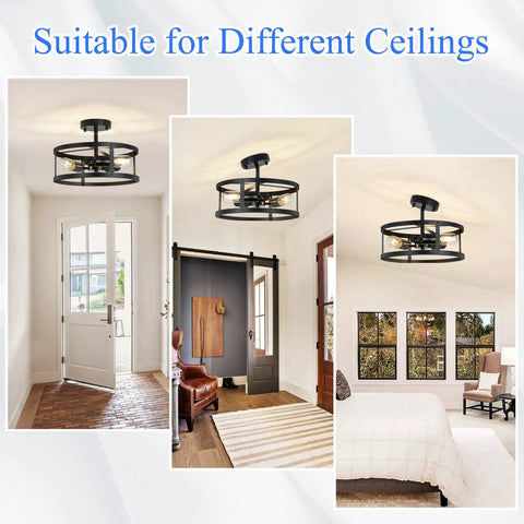 Two Pack 13 Inch 3 Light Matte Black Semi Flush Mount Ceiling Light Fixtures For Farmhouse Kitchen And Hallway