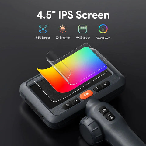 4.5 inch IPS screen of Dual Lens 210 Degree Articulating Endoscope With 4.5 Inch Screen 10 Foot Flexible Borescope Camera.