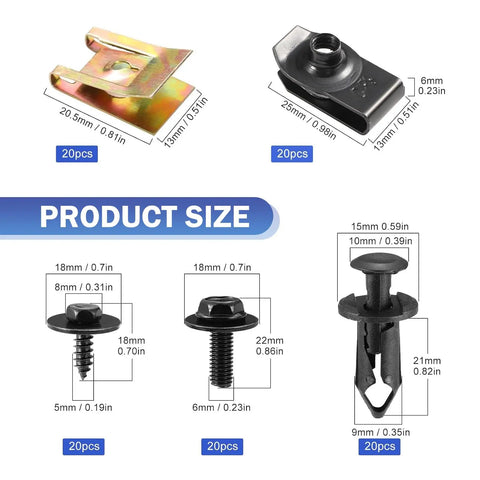 Ride Ready 100 Piece Car Body Fasteners Kit with Screws Bolts U Nuts ABS Clips displaying size measurements and parts count