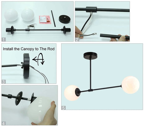 Assembly steps for Two Light Globe Semi Flush Ceiling Light In Matte Black With White Glass Shades Dope Modern Close To Ceiling Fixture