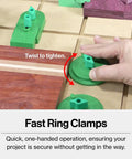 Hand using Ultimate Versatile Dovetail Workholding Kit Bundle with 1/2 Inch Shank Router Bit to tighten a green fast ring clamp