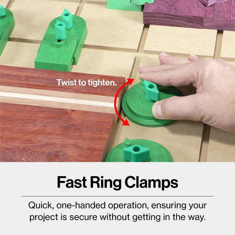 Hand using Ultimate Versatile Dovetail Workholding Kit Bundle with 1/2 Inch Shank Router Bit to tighten a green fast ring clamp